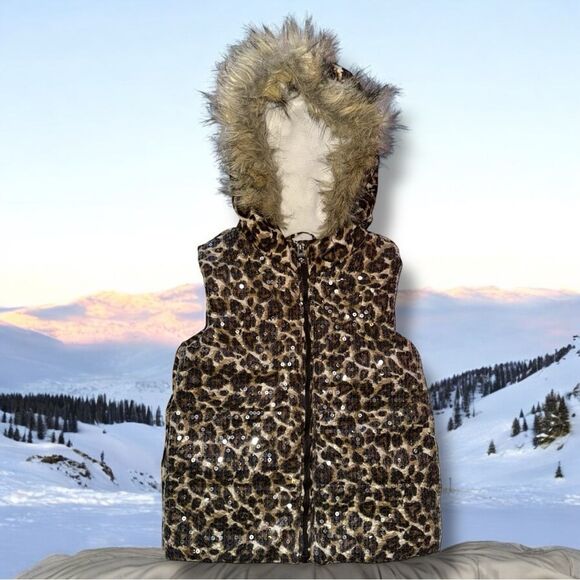 Children’s Place VTG Y2K Vest Animal Print Sequins Faux Fur Hooded Girl’s S 5/6 - Picture 13 of 16